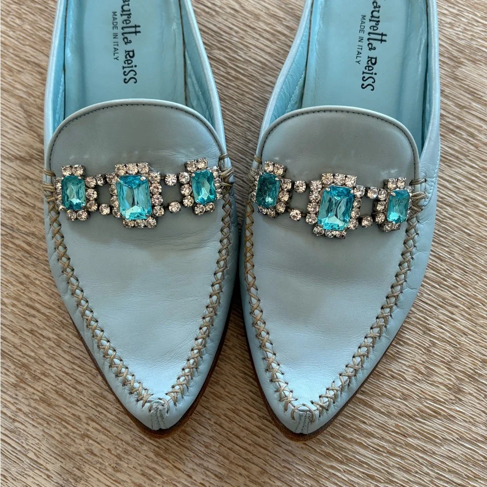 Designer Lauretta Reiss Leather Jewel Mules Loafers - Picture 3 of 9